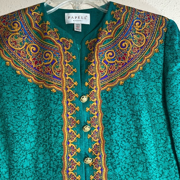 Vintage Papéll Petites Green Gold Chain Silk Blouse Size 4P 4 Petite Elegant - Picture 4 of 16